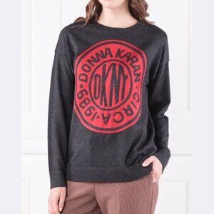 DKNY Donna Karan Circa 1989 Logo Sweater in Charcoal Grey and Red (L)